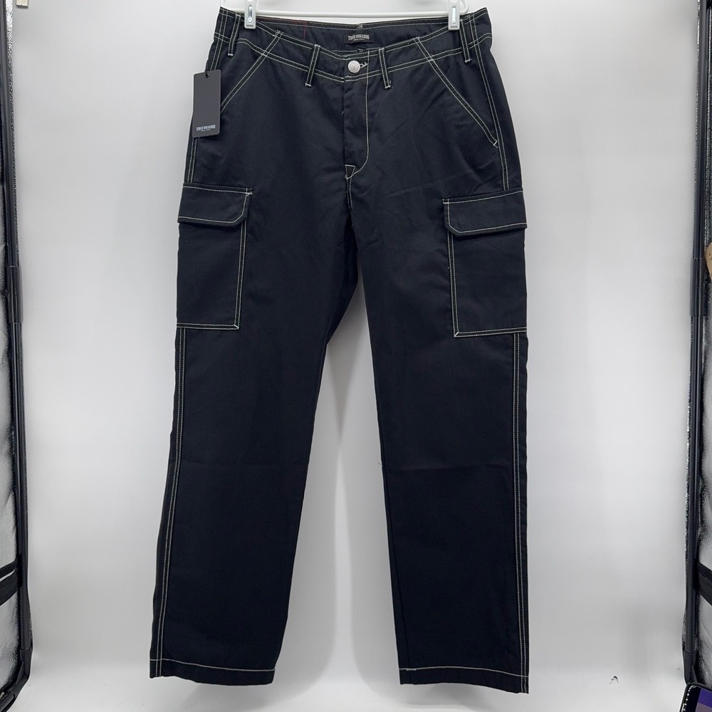 True Religion Cargo SN Pant EMB Mens 34 Jet Black Contrast Stitch HS Outline